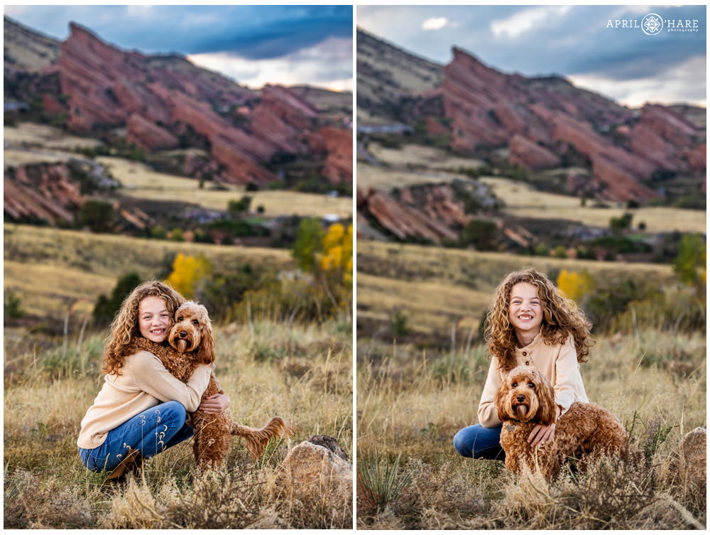 Photo collage of a girl with her adorable cavapoo dog with Red Rocks in the backdrop at East Mount Falcon Trailhead