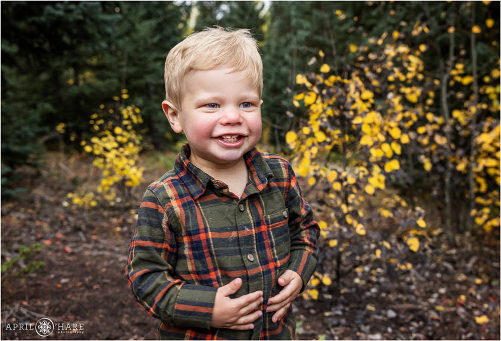 Sweet candid photo of a young toddler boy wearing a green flannel shirt with yellow aspen leaves
