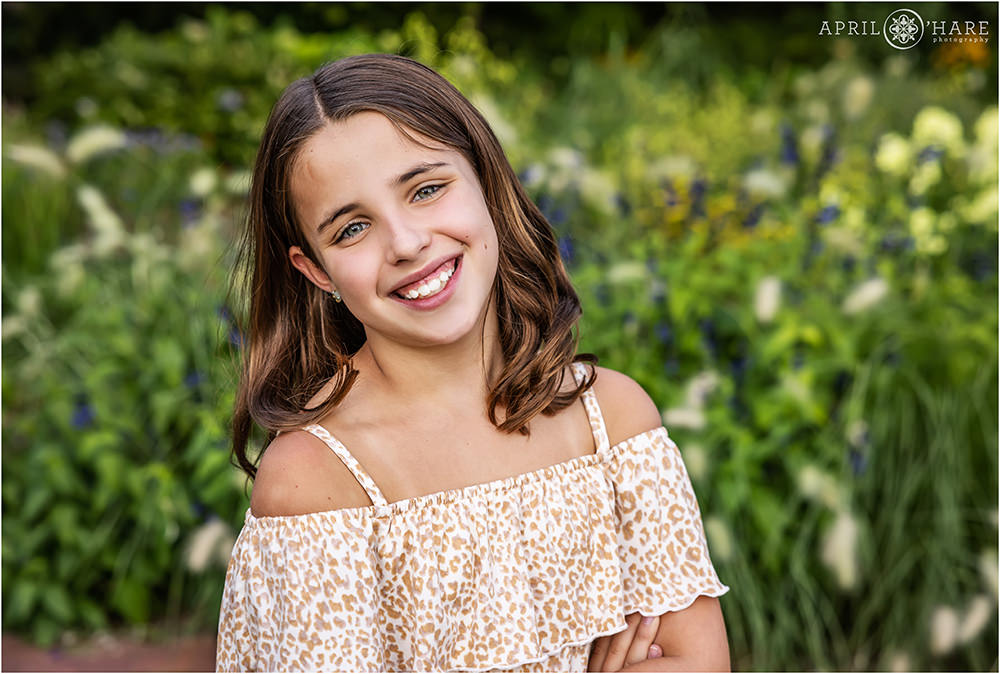 Pretty headshot portrait of a young girl at her family portrait session at Denver Botanic Gardens