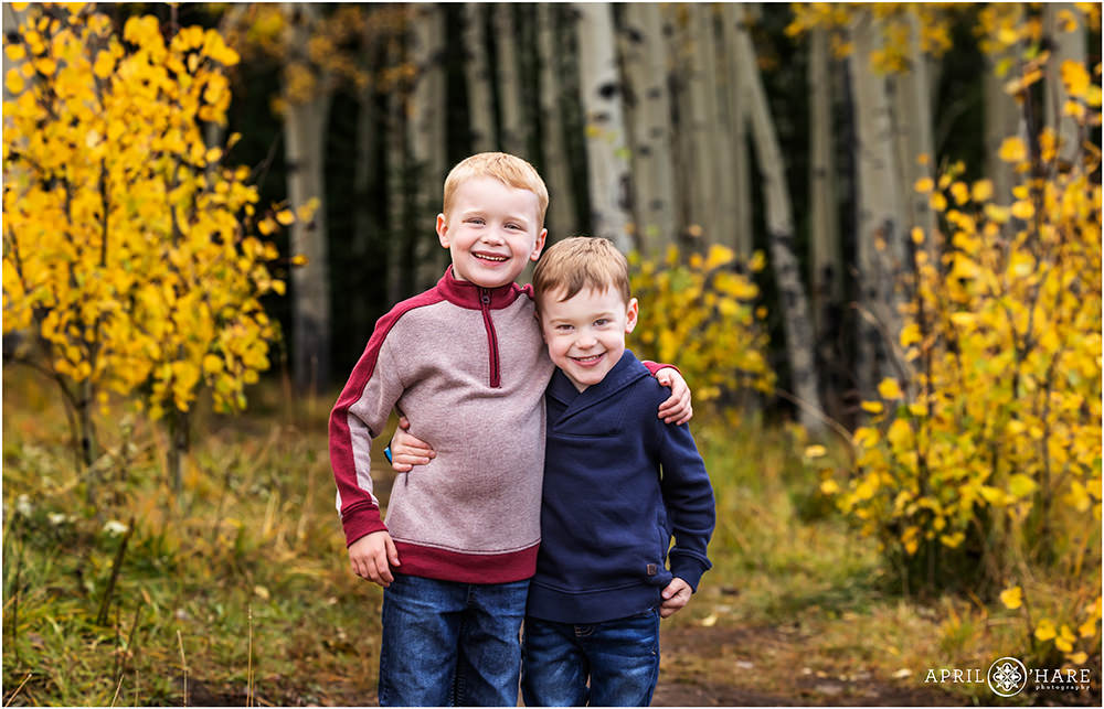 Two little brothers side hug each other in a Colorado aspen tree forest on Squaw Pass Road