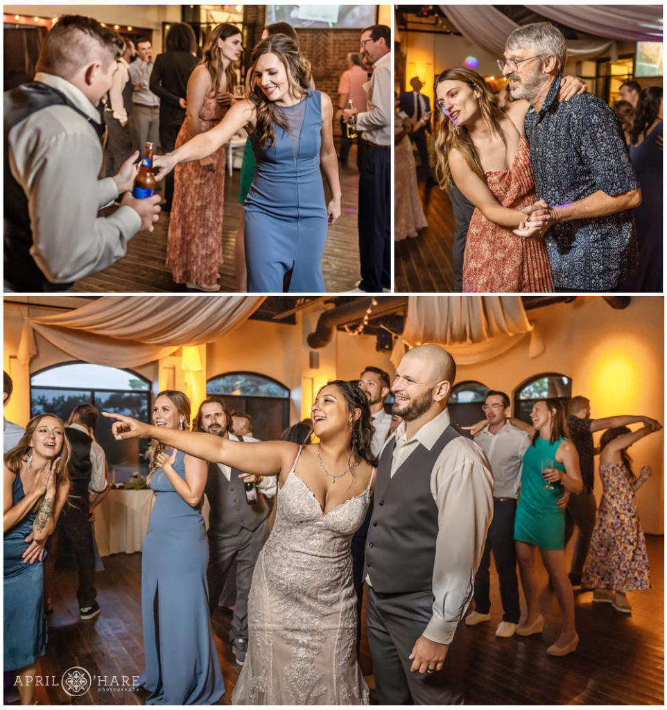 Wedding photo collage of dance floor shenanigans at Wellshire Event Center in Denver