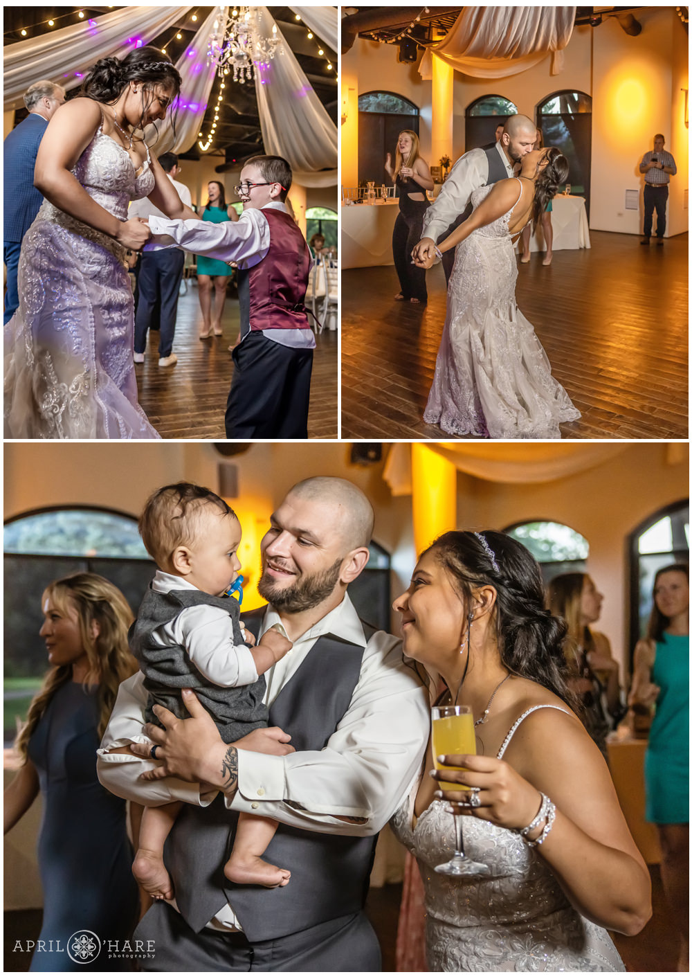 Photo collage of wedding dance floor moments at Wellshire Event Center in Denver