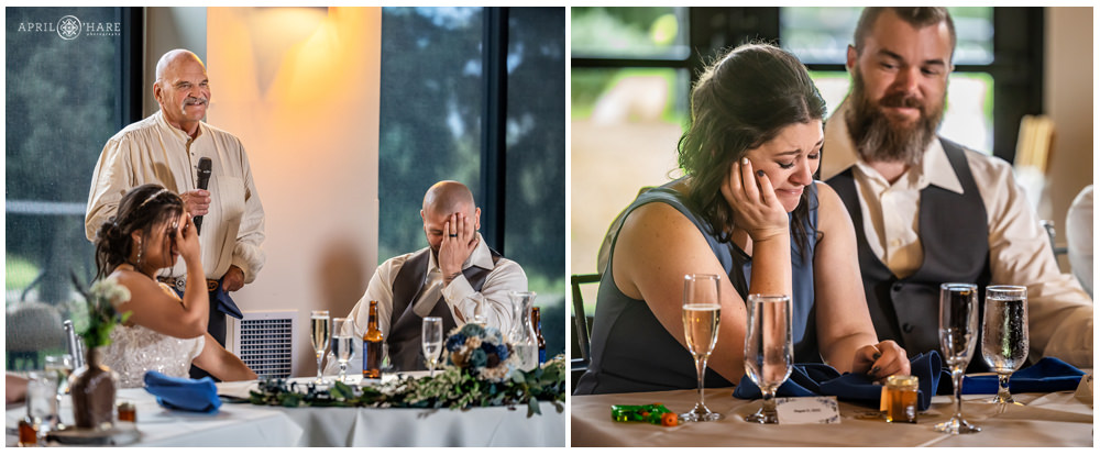 Groom's sister cries during her dad's speech at her brother's wedding at Wellshire Event Center