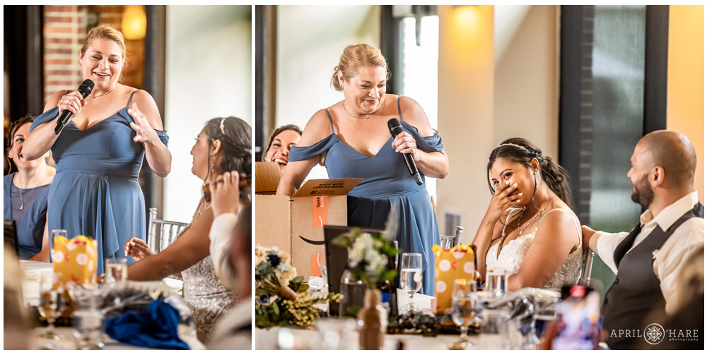 Maid of honor gives gifts to bride during her toast at Wellshire Event Center in Denver