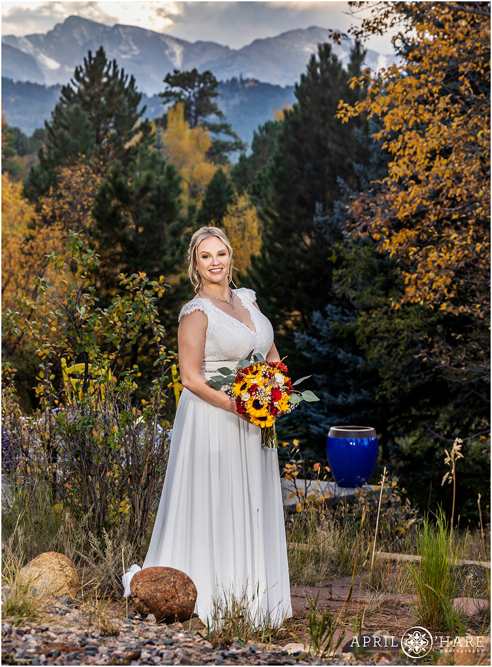 Bridal Portrait with pretty mountain backdrop at Romantic Riversong Inn