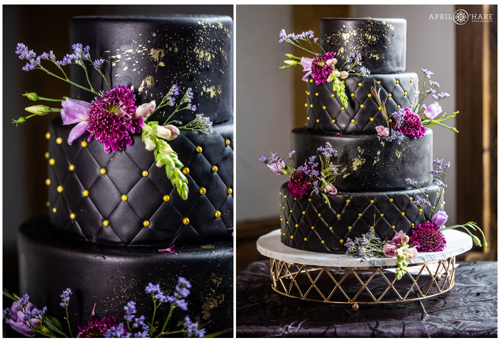 Three tiered black cake with diamond pattern with gold dots by Azucar Bakery at Once Upon a Time in Kiowa CO