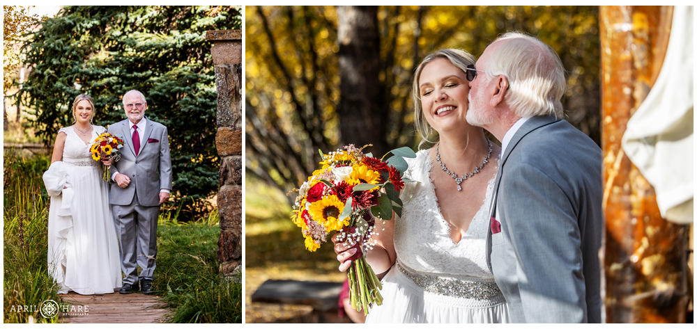 Bride and her dad walk down the aisle at Romantic Riversong Inn in Estes Park Colorado
