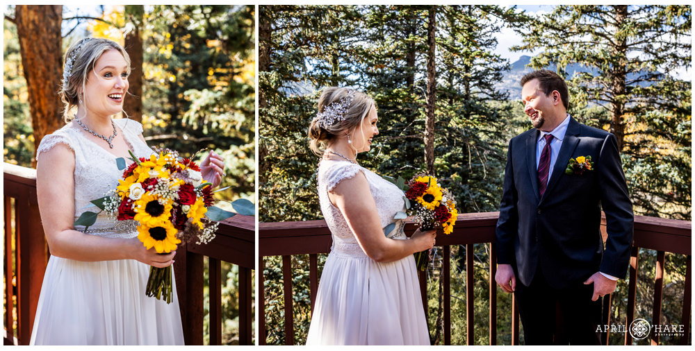 First look on the deck at Romantic Riversong Inn wedding in Estes Park