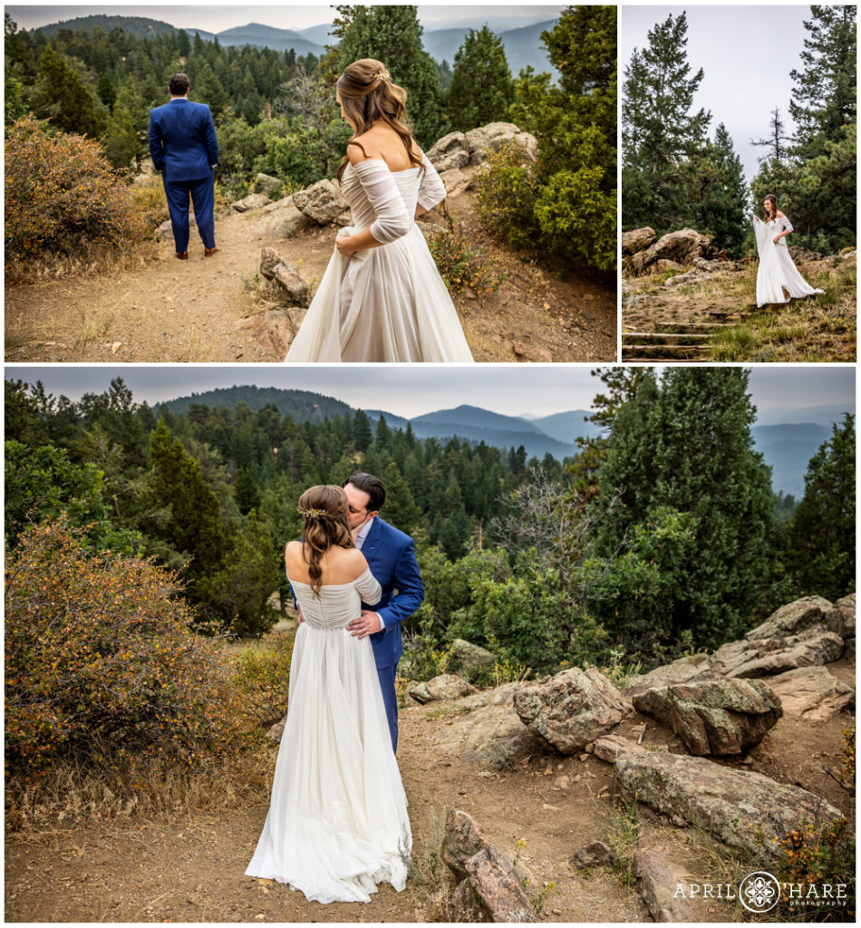 First Look at West Mount Falcon Trailhead in Colorado on a overcast wedding day