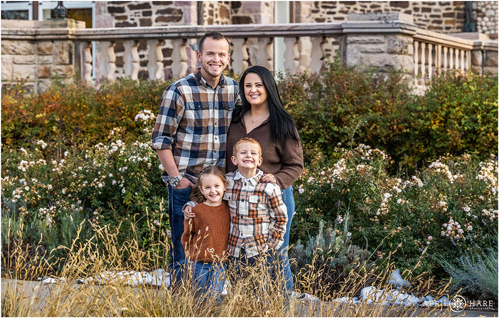 Cute family photo in the gardens at Highlands Ranch Mansion during Autumn