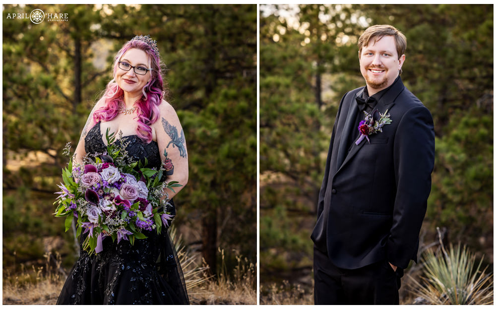 Bride and Groom individual portraits at Once Upon a Time with pretty forest backdrop