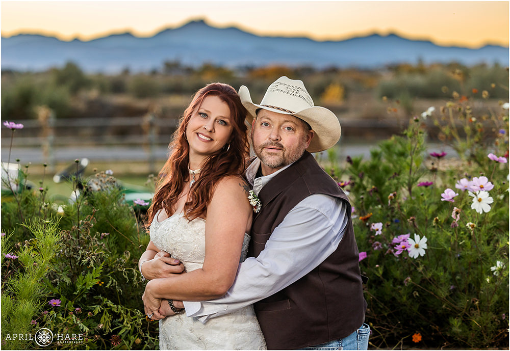 Beautiful wedding portrait with Longs Peak backdrop from Anderson Farms in Erie, CO