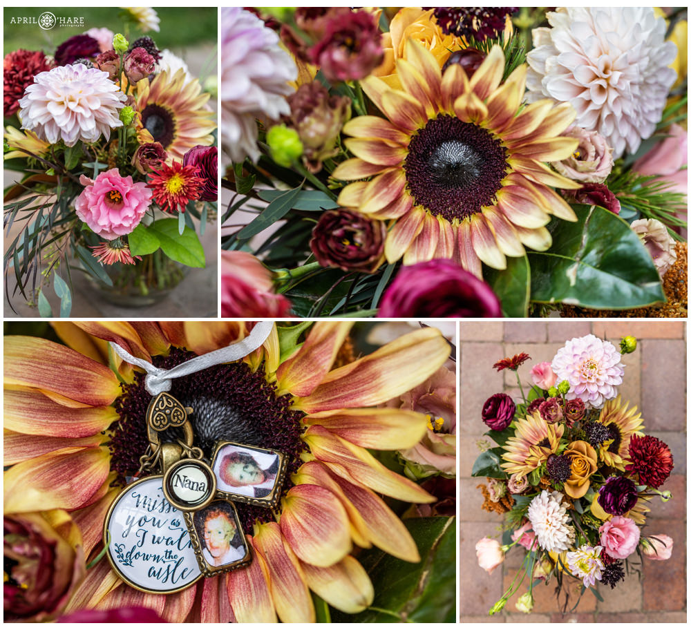 Photo collage of a fall color bridal bouquet from Madelyn Claire Floral Design in Evergreen Colorado