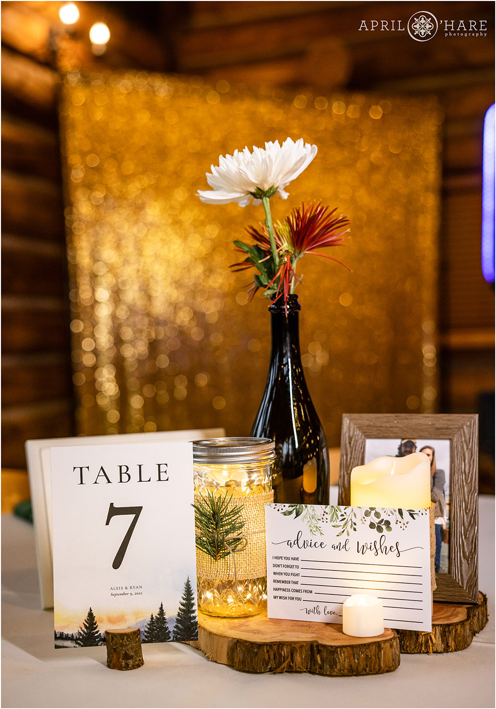 Table centerpiece decor at Evergreen Lake House in Colorado