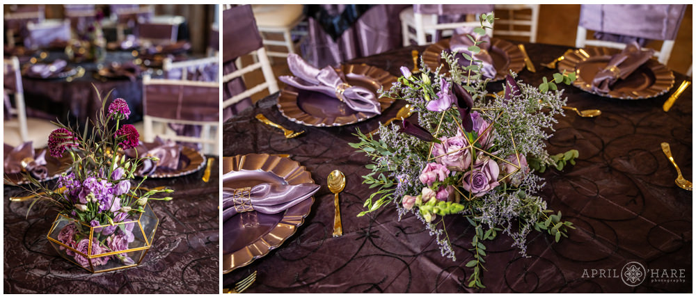 Table centerpieces with purple florals by Paper in Blume at Once Upon a Time