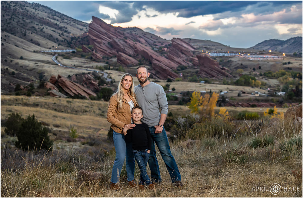 Red Rocks backdrop during fall at East Mount Falcon Trail Family Photography Session in Colorado