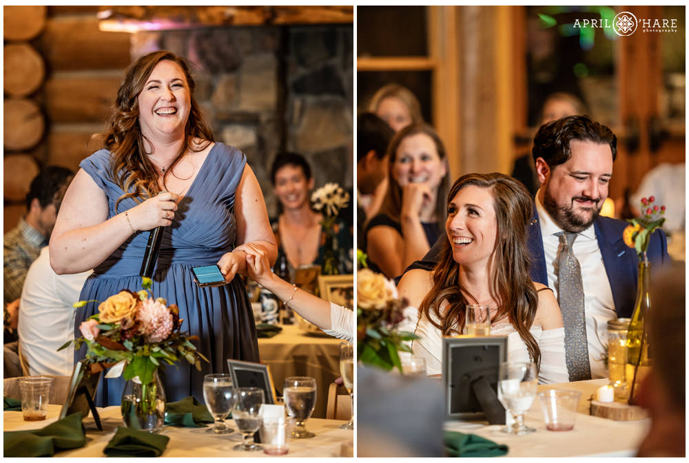 Bride's sister laughs as she gives her speech at an Evergreen Lakehouse wedding