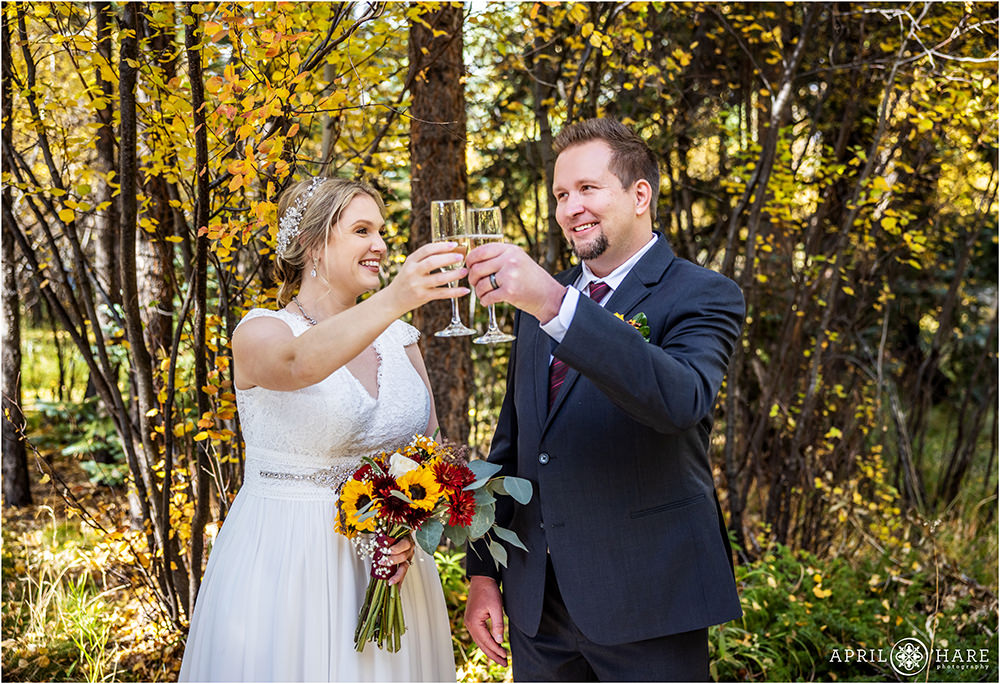 Bride and groom clink their champagne glasses for a toast on their wedding day during fall at Romantic Riversong Inn in Estes Park CO