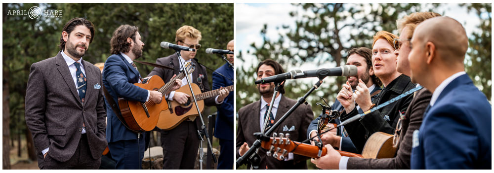 Photo collage of the groom's band mates playing at his wedding ceremony at Boettcher Mansion in Colorado