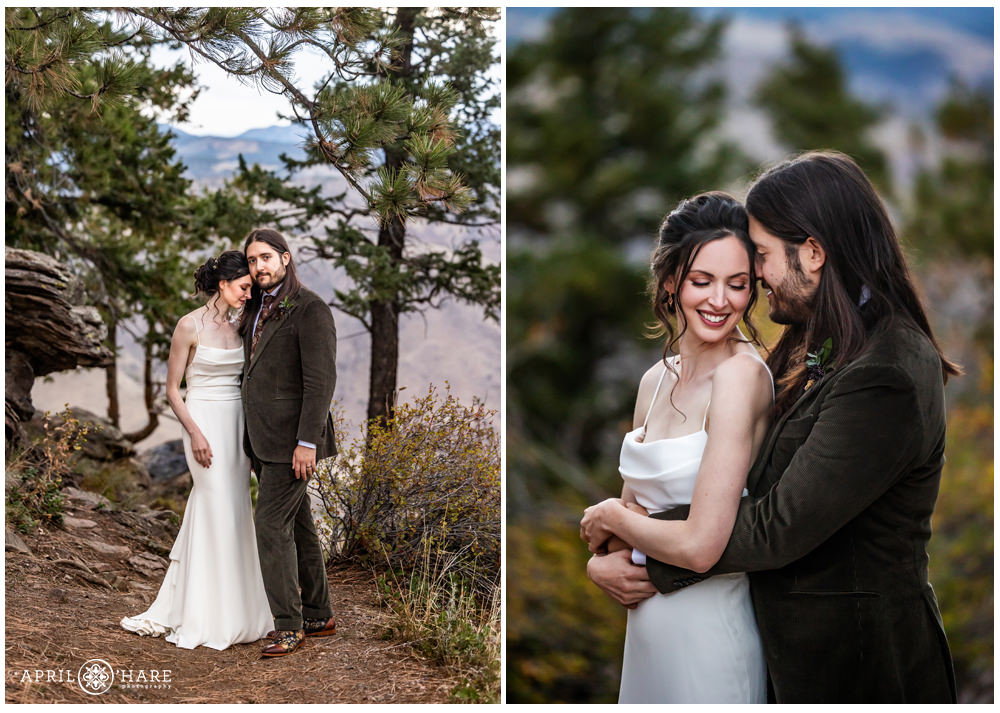 Romantic wedding day portraits of bride and groom on Lookout Mountain during fall at their Boettcher Mansion Wedding in Golden CO