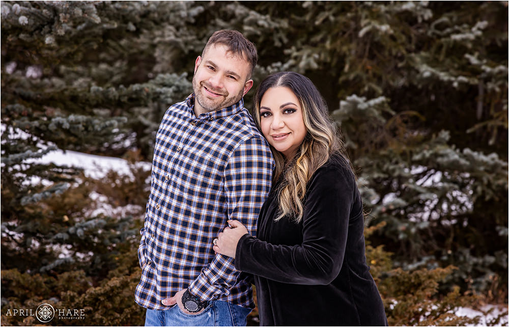 Beautiful woodsy winter couples photography session on Squaw Pass Road in Colorado