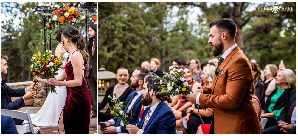 Best man and maid of honor collect flowers from the guests to create one large wedding bouquet at a Boettcher Mansion wedding on Lookout Mountain