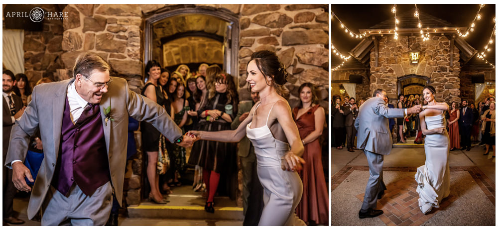Bride and her dad have fun dancing on the outside patio under the string lights at Boettcher Mansion in Colorado