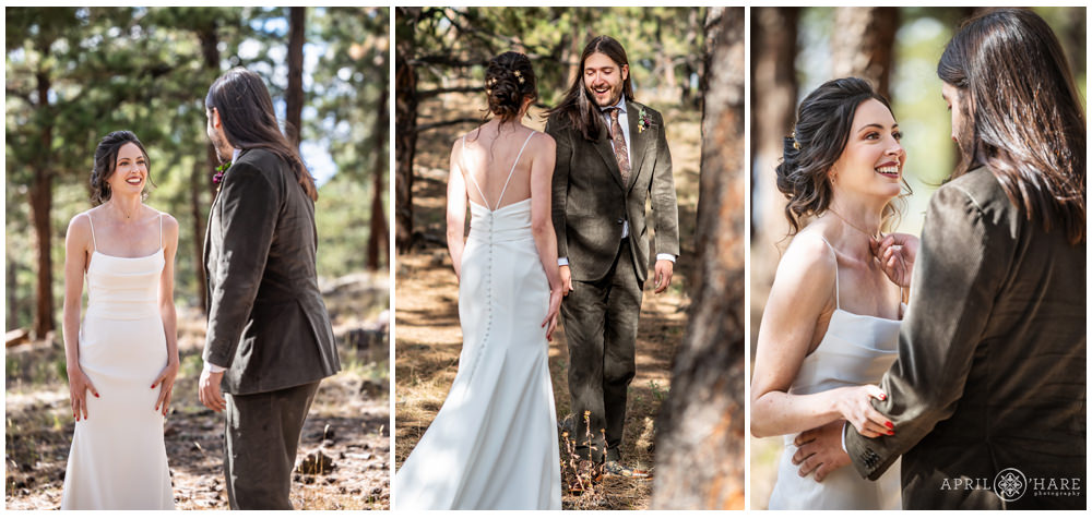 Bride and groom have their first look in the forest on their wedding day at Boettcher Mansion in Colorado