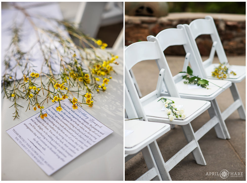 Details of florals on the seats for a wedding ceremony at Boettcher Mansion