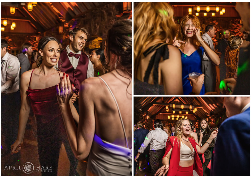 Photo collage of wedding guests dancing inside the Fireside Room at Boettcher Mansion in Colorado