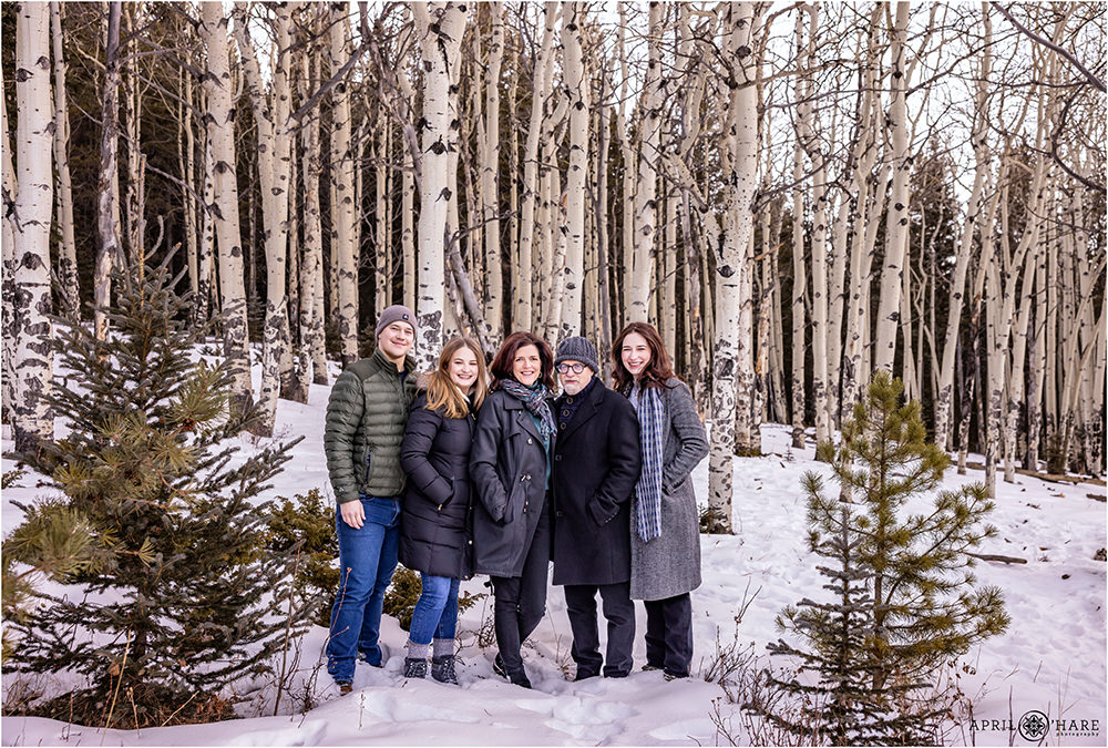 Family pose together during winter in a pretty aspen tree grove in Evergreen Colorado