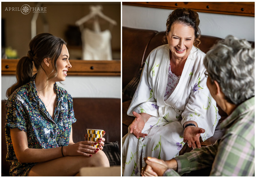 Family relax in the bridal suite during the getting ready part of a Golden Colorado wedding day at Table Mountain Inn