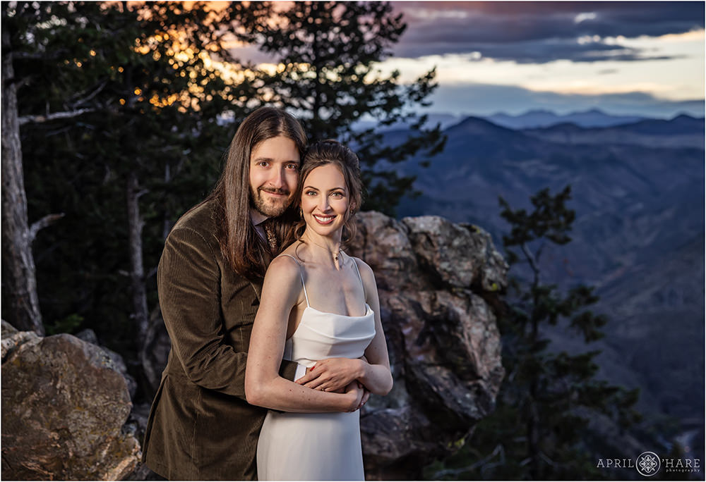 Classic Portrait of Bride and Groom on their wedding day on Lookout Mountain with a pretty sunset mountain backdrop