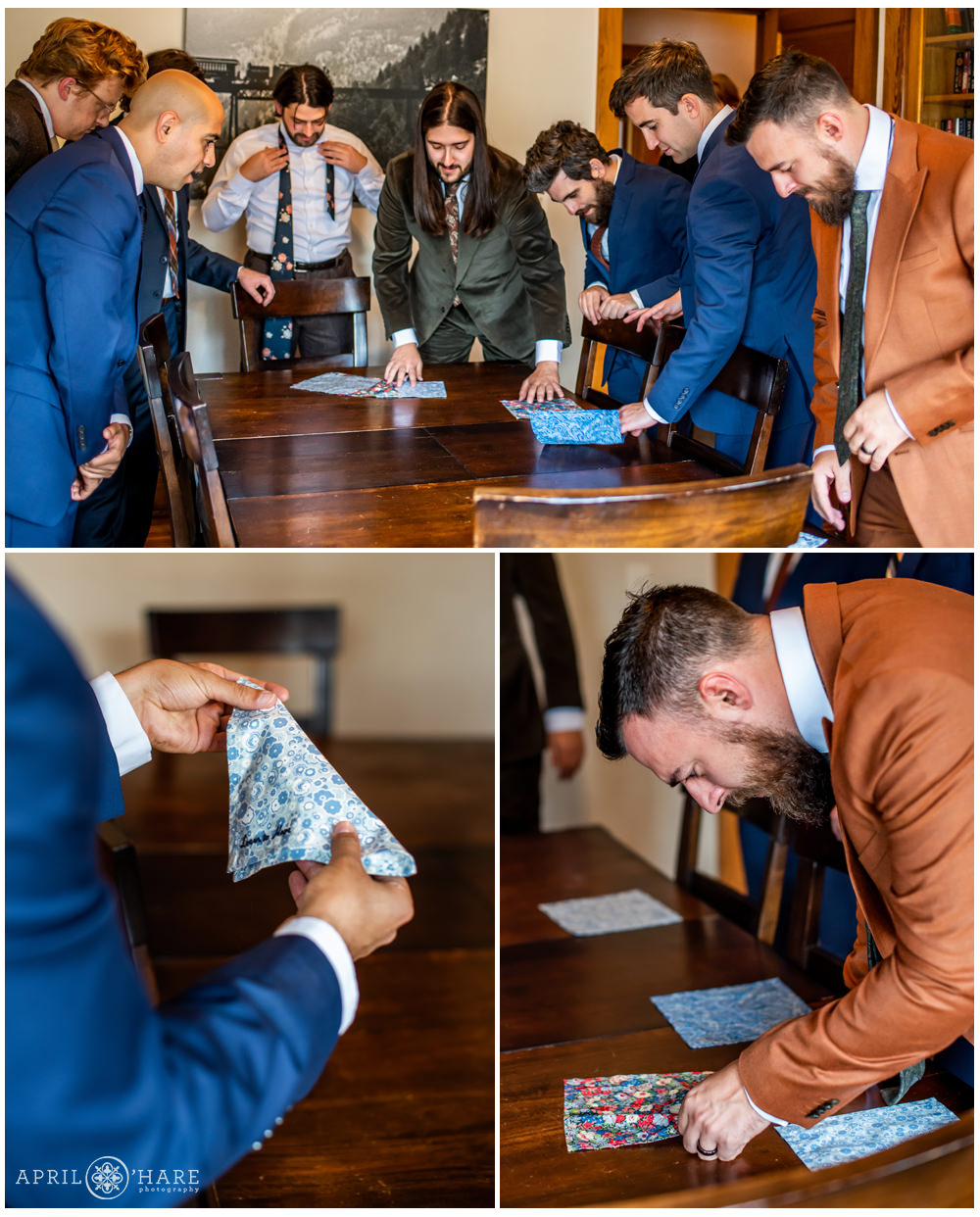 Photo collage of groomsmen checking out their custom embroidered handkerchief gifts on a wedding day in Golden CO