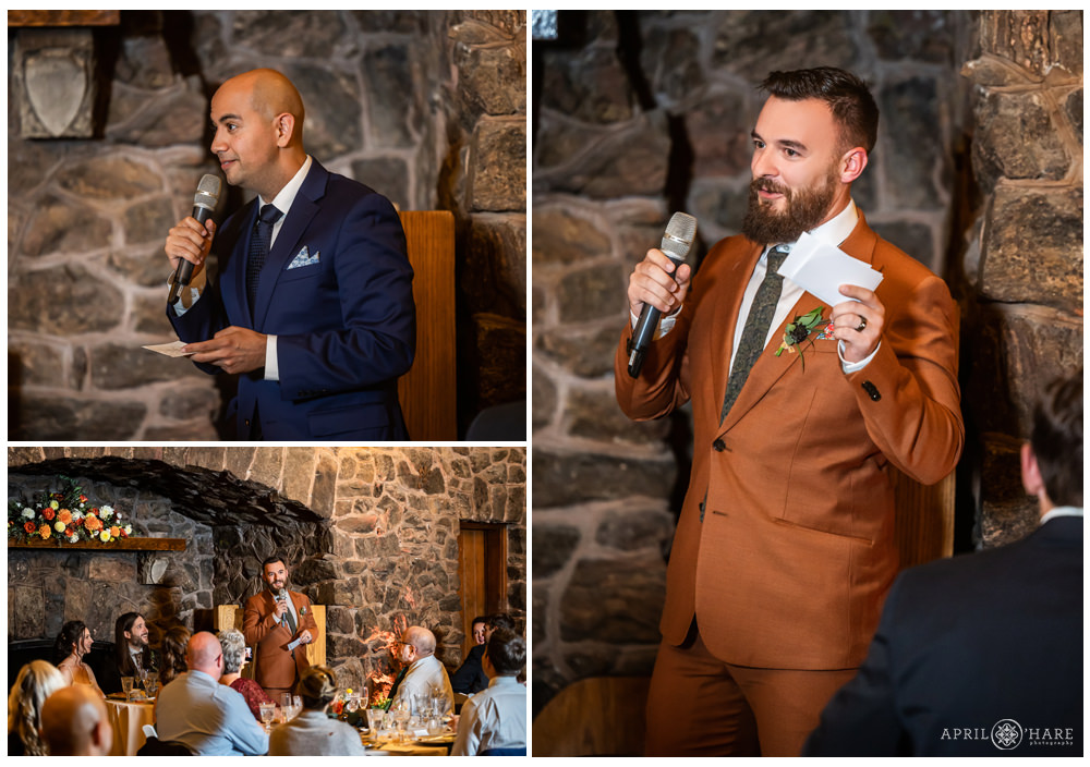Photo collage of groom's friends giving toasts on his wedding day at Boettcher Mansion in Colorado