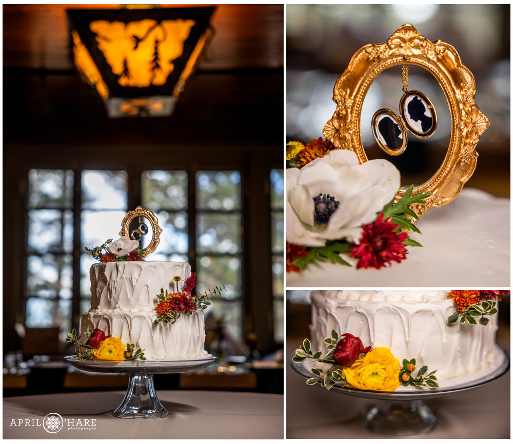 Photo collage of a pretty two tiered white wedding cake decorated with orange florals at Boettcher Mansion in Colorado