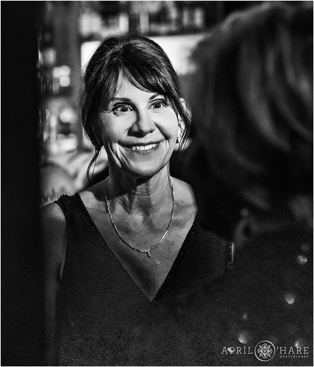 B&W photo of the Mother of the Groom at a NYE wedding in Denver CO