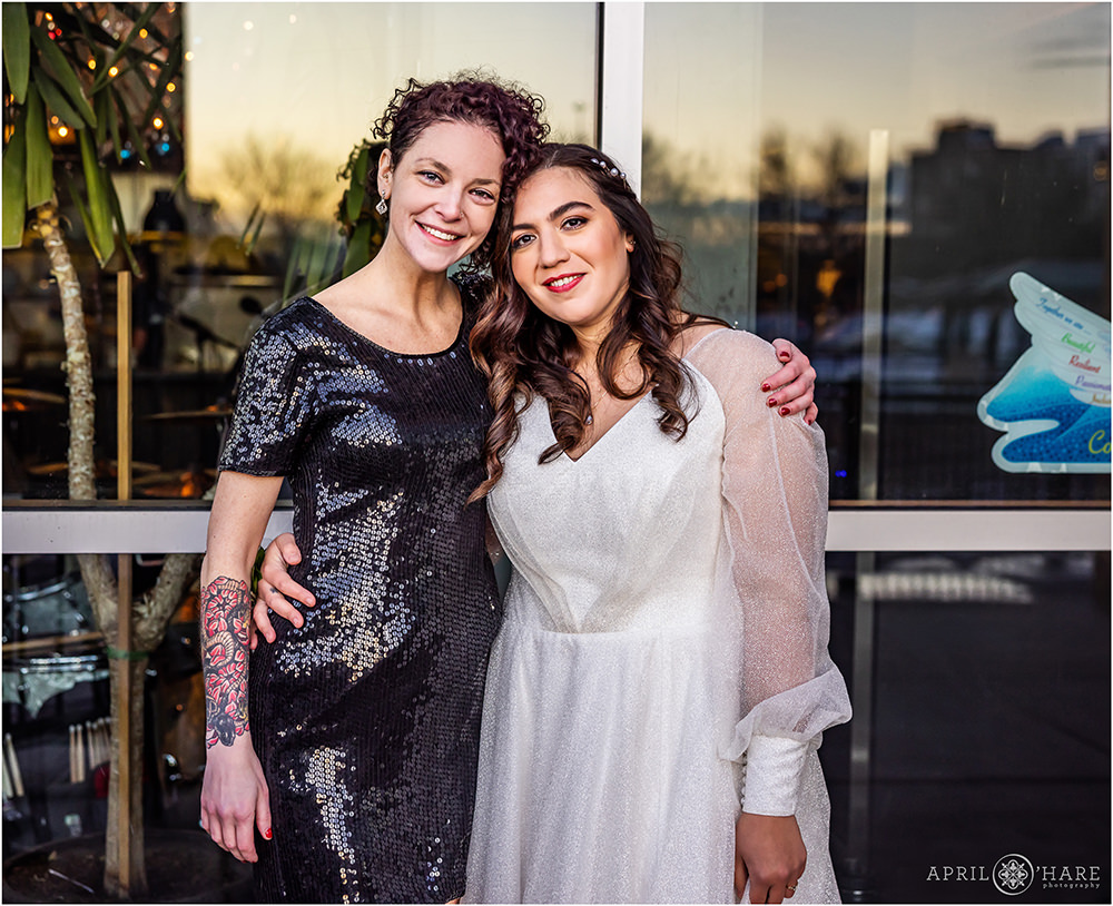 Bride with her friend on her winter wedding day at Coohills in Denver