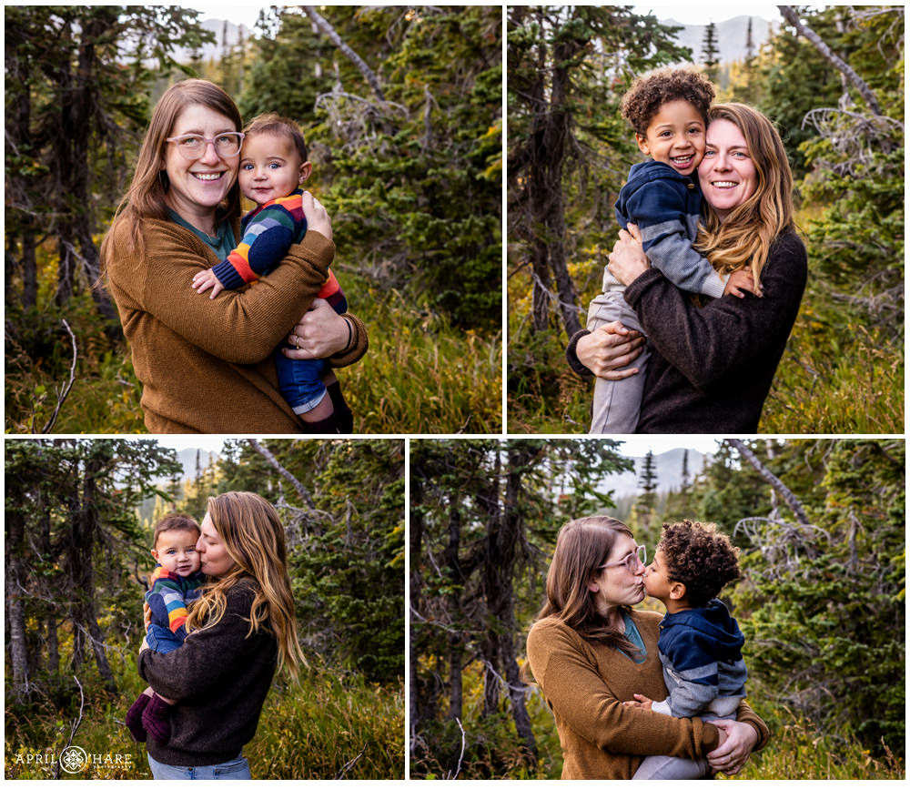 Cute photo collage of moms holding their sons in the woods near Long Lake in the Indian Peaks Wilderness Area of Colorado