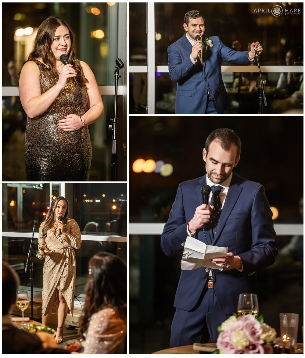 Photo collage of wedding guests giving toasts and speeches at a New Years Eve Coohills Wedding in Denver