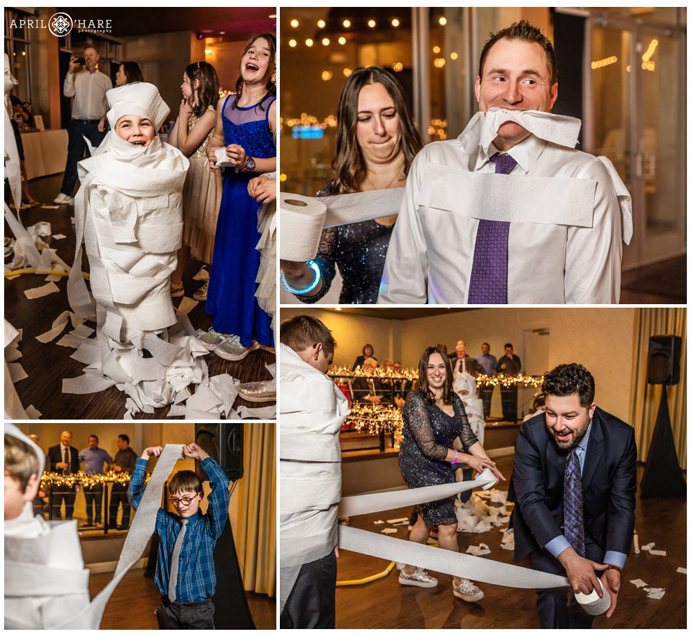 Mummy toilet paper game at a bar mitzvah party at Curtis Ballroom in Denver CO