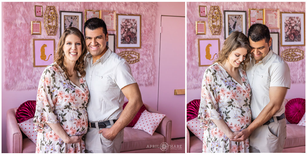 Couple photographed at their maternity session at a pretty pink Valentine's Day styled set in Denver CO