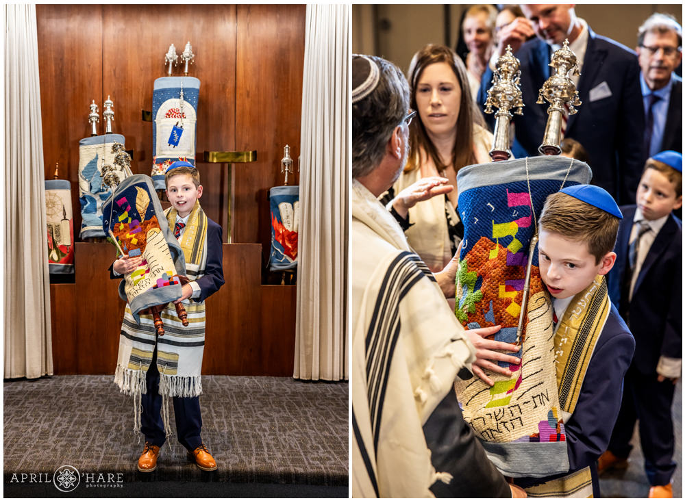 Bar Mitzvah boy holds the torah at his rehearsal at Temple Sinai in Denver, CO