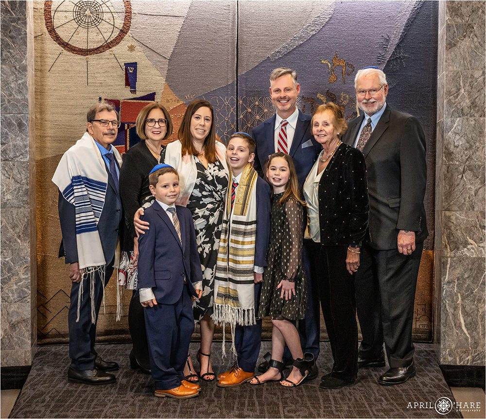 Family portrait at Bar mitzvah rehearsal at Temple Sinai in Denver CO