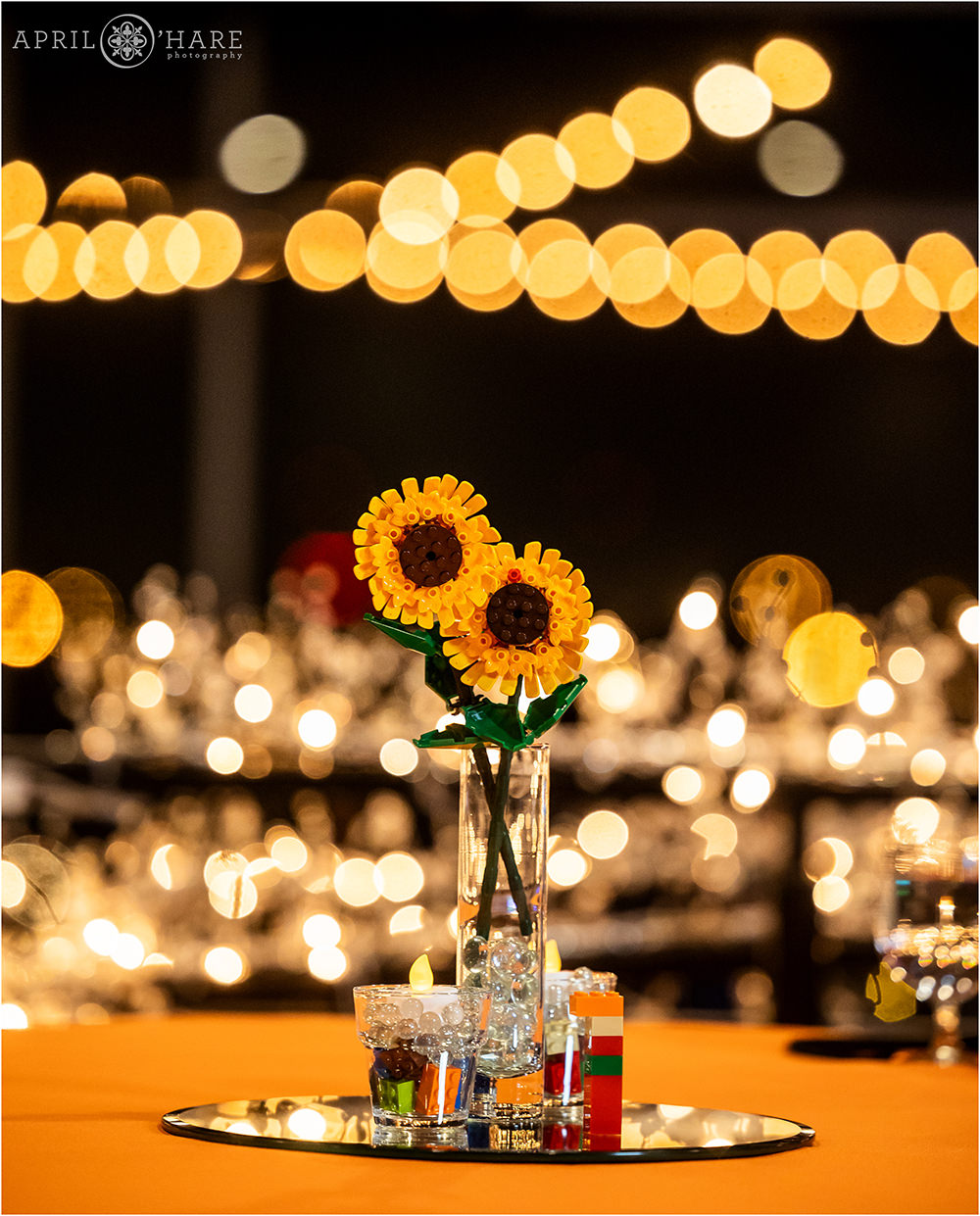 Yellow sunflowers made out of legos for a Lego themed bar mitzvah party at Curtis Ballroom in Greenwood Village, CO