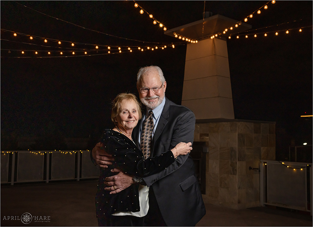 Cute grandparent portrait on the outdoor patio area at this grandson's bar mitzvah party at Curtis Ballroom in Colorado