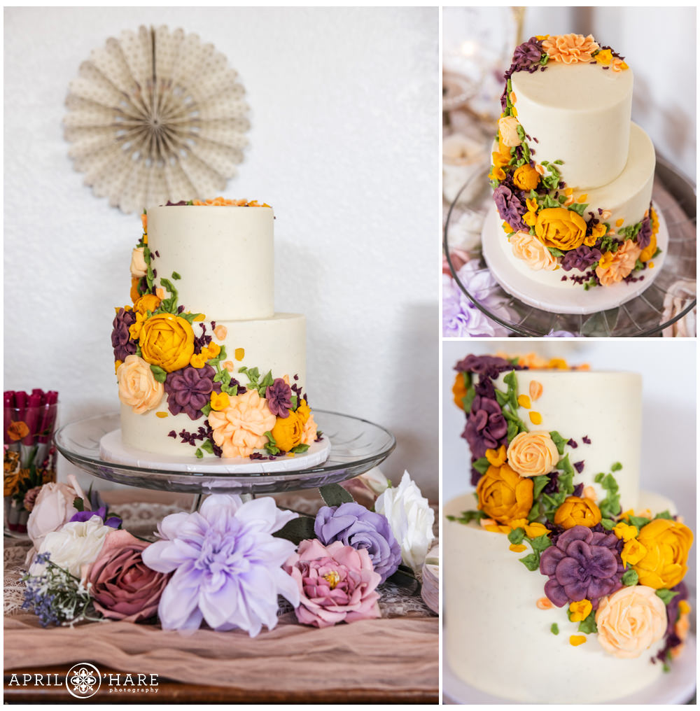 Detail photos of a two tiered purple pink and yellow floral cake for a baby shower in Denver