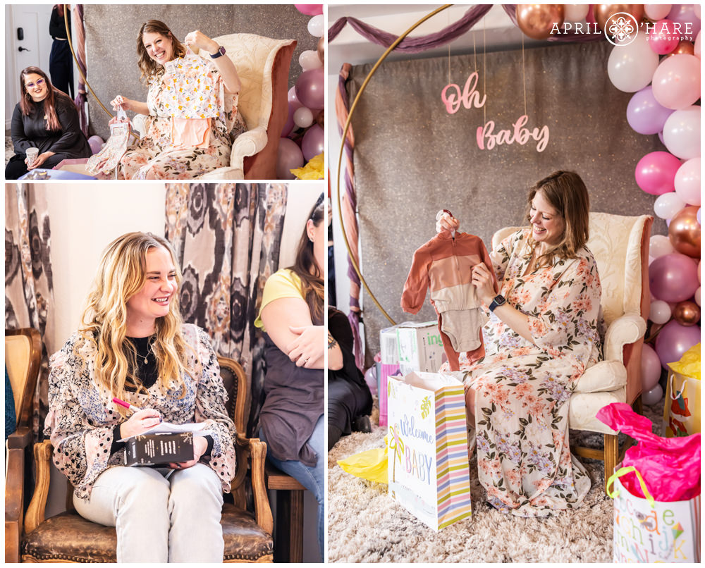 Photo collage of a pregnant woman opening up her baby shower gifts at her purple and pink baby shower in Denver