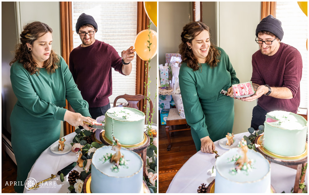 Couple cut the cake to reveal their baby's gender at their Lumber Baron Inn Baby Shower in Denver