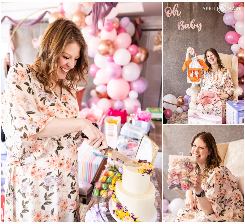 Pregnant woman enjoys her baby shower with a purple and pink floral theme at a private home in Denver CO